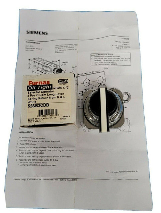 NIB FURNAS 52SB2CDB OIL TIGHT SELECTOR OPERATOR 3-POS. C CAM LONG LEVER