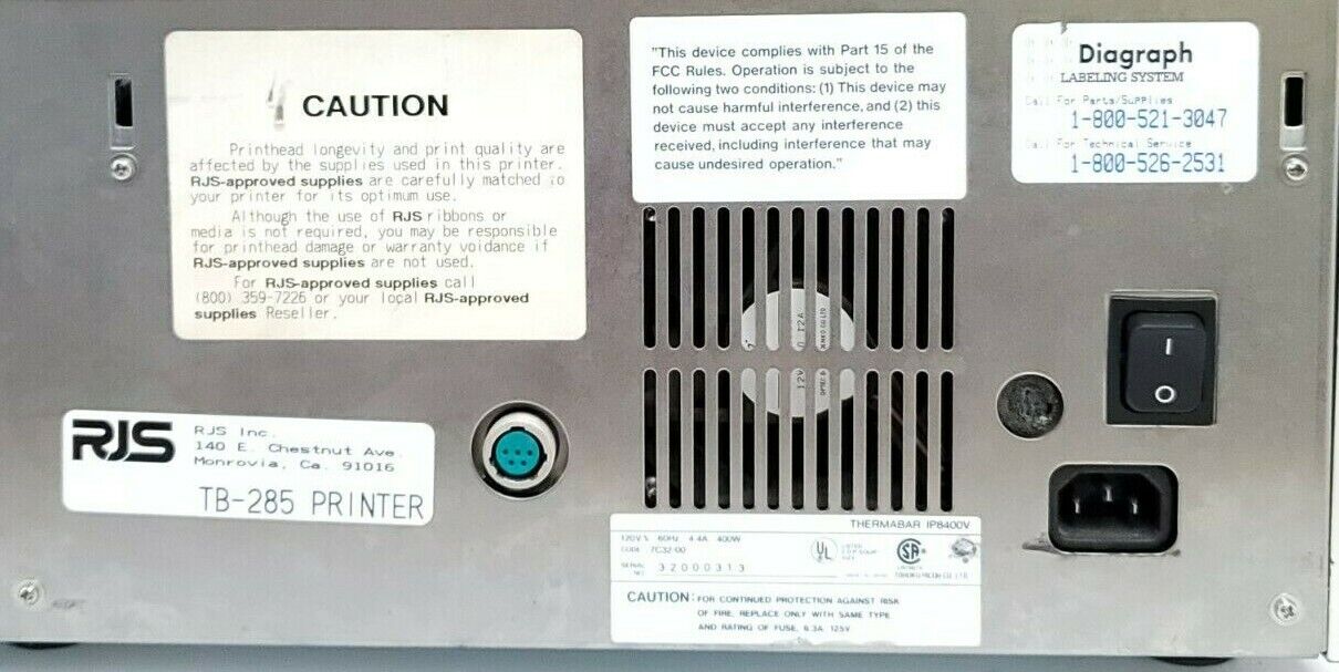 RJS IP8400V THERMABAR VERFIED PRINTING SYSTEM TB-285 PRINTER