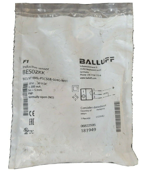 NEW BALLUFF BES M18ML-PSC50A-S04G-W01 INDUCTIVE SENSOR BES02KK, 10V...30V DC