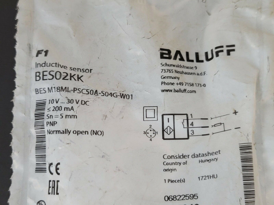 NEW BALLUFF BES M18ML-PSC50A-S04G-W01 INDUCTIVE SENSOR BES02KK, 10V...30V DC