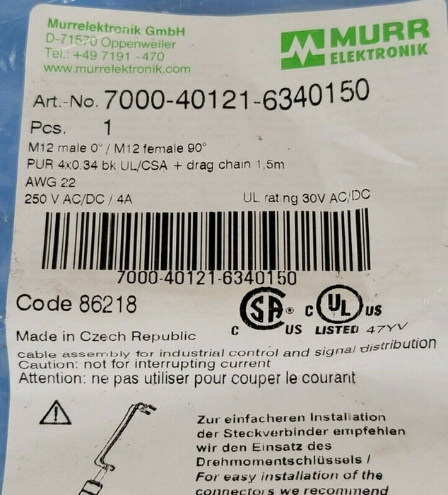 NEW MURR ELEKTRONIK 7000-40121-6340150 M12 MALE 0° / M12 FEMALE 90°