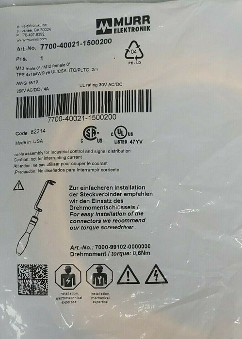 NEW MURR ELECTRONIX 7700-40021-1500200 M12 MALE 0° / M12 FEMALE 0° CORDSETS