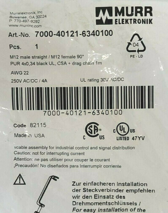 NEW MURR ELEKTRONIX 7000-40121-6340100 M12 MALE 0° / M12 FEMALE 90°
