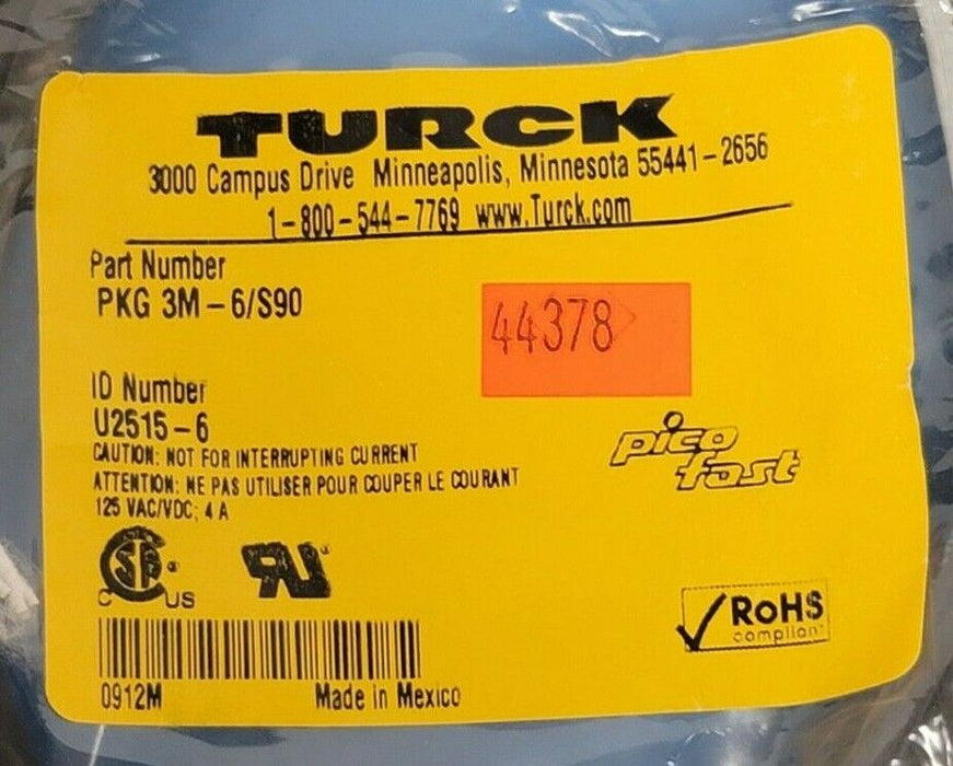 NEW TURCK PKG 3M-6/S90 MOLDED CORDSET PICOFAST SERIES IDENT. NO. U2515-6