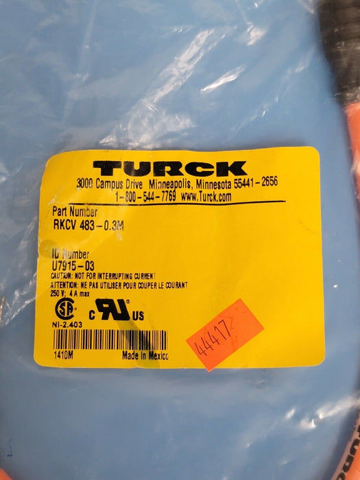 NEW TURCK RKCV 483-0.3M CORDSET ID NO. U7915-03
