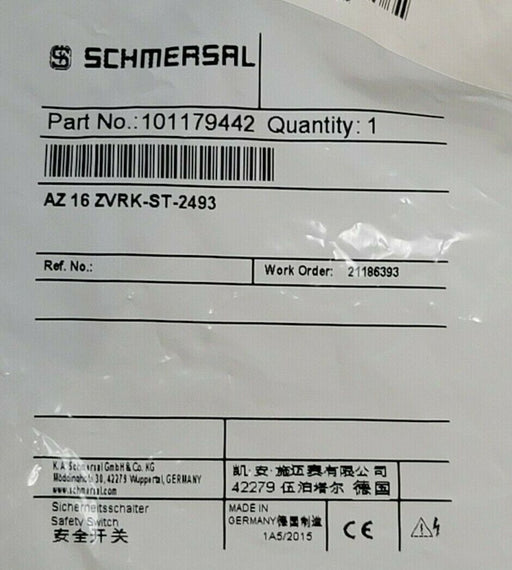 NEW SCHMERSAL P/N: 101179442 SAFETY SWITCH AZ16ZVRKST2493, AZ 16 ZVRK-ST-2493