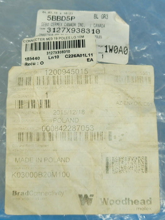 NEW MOLEX WOODHEAD K03000B20M100 M23-19P-FE-ST-10M-PUR-UL