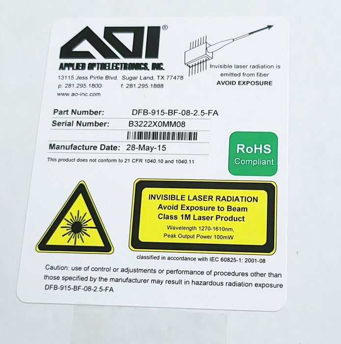 APPLIED OPTPELECTRONICS AOI DFB-915-BF-08-2.5-FA 14-PIN BUTTERFLY (DFB) LASER