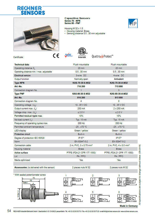 NEW RECHNER  KAS-70-30-A-M32 / 715800 CAPACITIVE SENSOR 0.5...30mm 4 WIRE DC