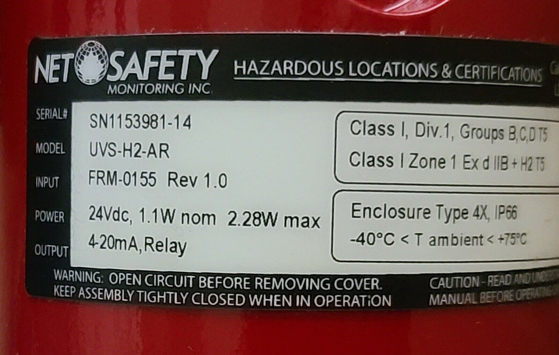 EMERSON NET SAFETY MONITORING UVS-H2-AR UV HYDROGEN FLAME DETECTOR W/ JB-MPR-A