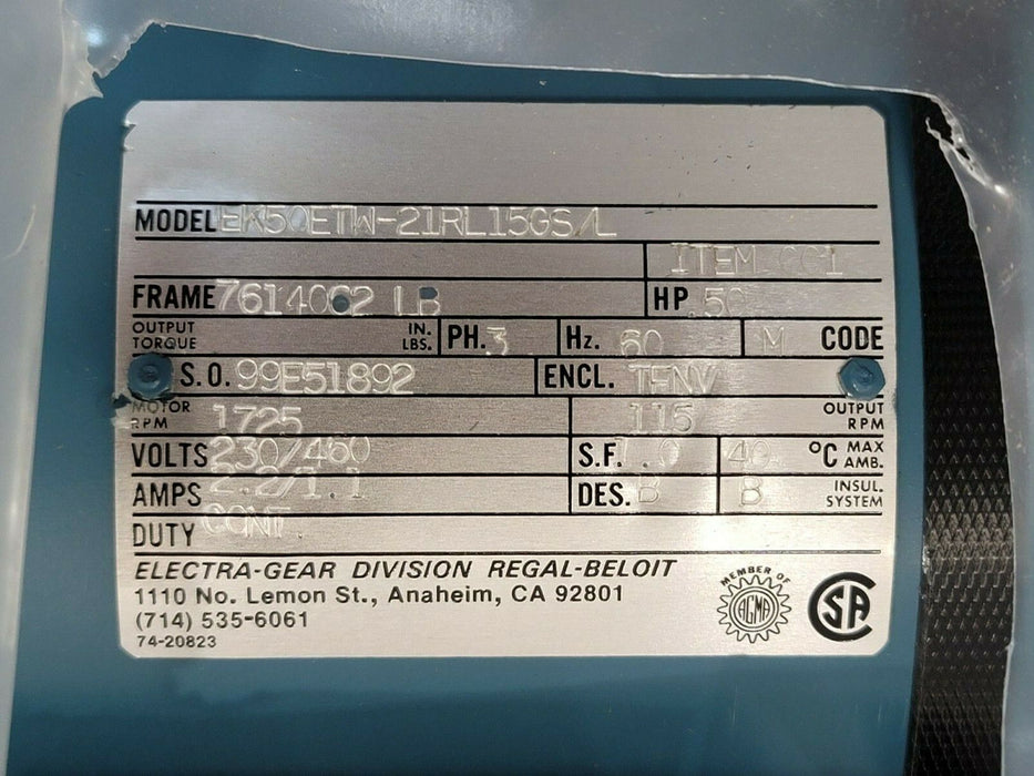 NIB ELECTRA-GEAR EK50ETW-21RL15GS/L GEAR REDUCER W/ 21RL15GS/L