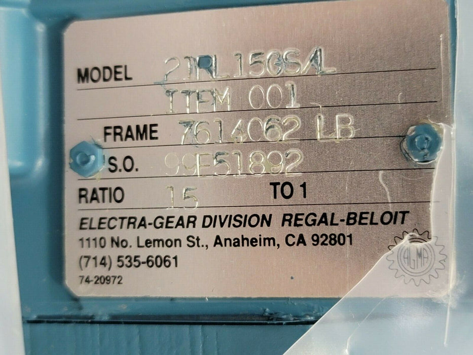 NIB ELECTRA-GEAR EK50ETW-21RL15GS/L GEAR REDUCER W/ 21RL15GS/L