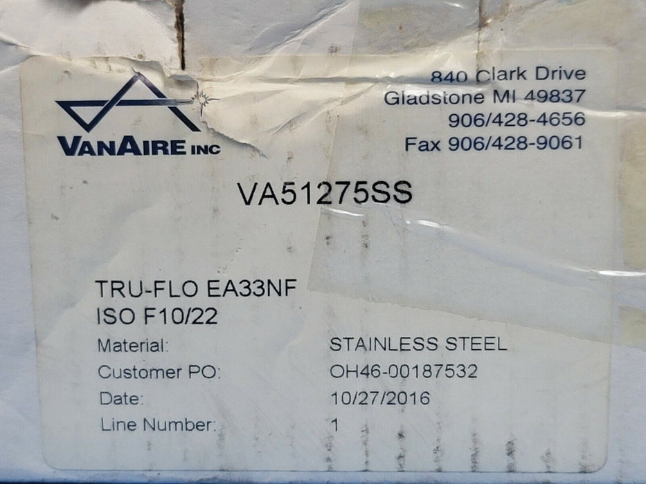 NIB VANAIRE INC VA51275SS MOUNTING KIT TRU-FLO EA33NF ISO F10/22