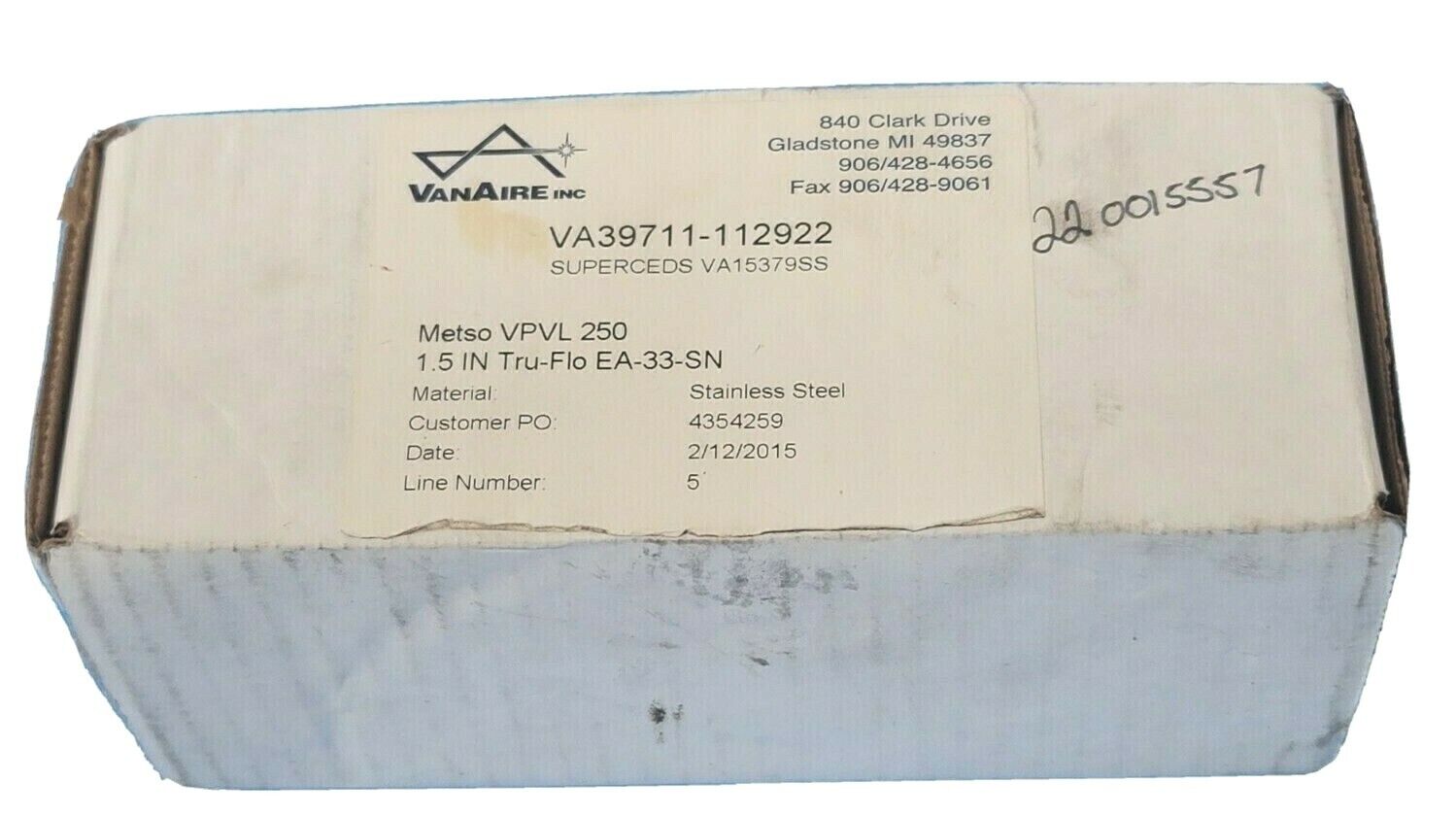 NIB VANAIRE INC VA39711-112922 SUPERCEDS VA15379SS METSO VPVL 250