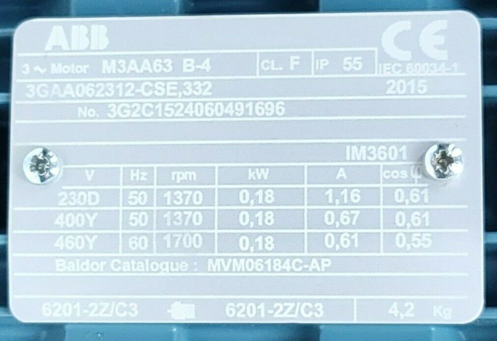 NEW ABB 3GAA062312-CSE MOTOR M3AA 63B-4 3GAA062312 3GAA062312CSE