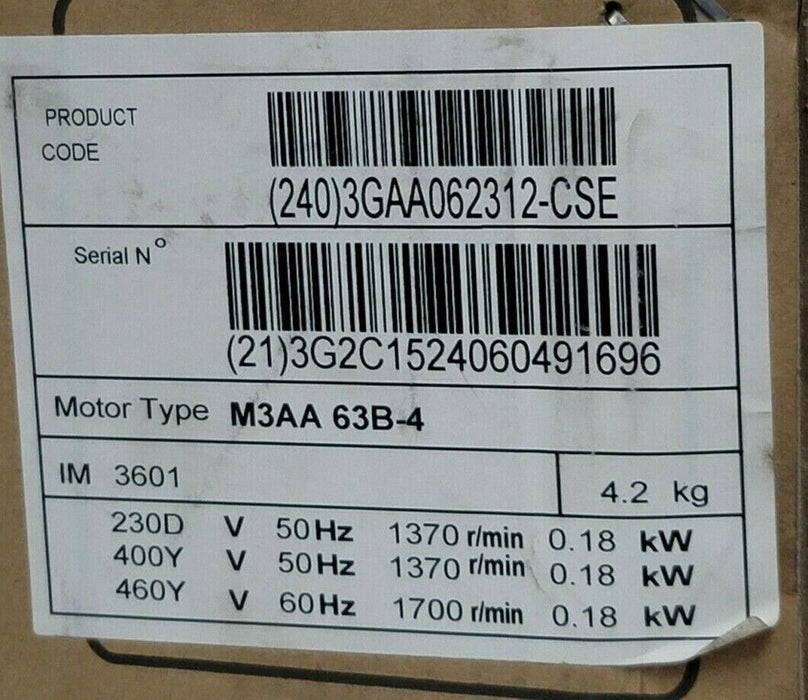 NEW ABB 3GAA062312-CSE MOTOR M3AA 63B-4 3GAA062312 3GAA062312CSE