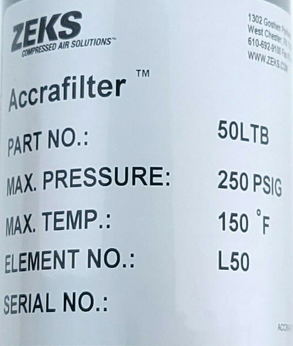 NEW ZEKS 50LTB ACCRAFILTER PRESSURE REGULATOR 250 PSIG ELEMENT NO. L50