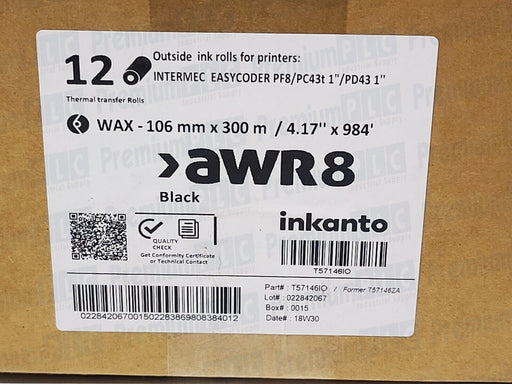 BOX OF 12 INKANTO 4.17"x984' AWR 8 T57146IO INTERMEC EASYCODER PF8/PC43T/PD43