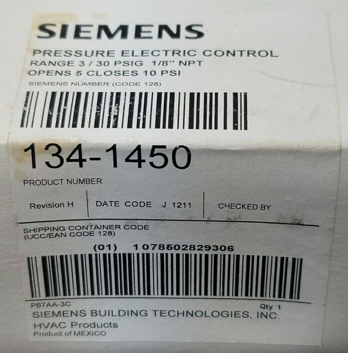 NIB SIEMENS 134-1450 PRESSURE ELECTRIC CONTROL 1341450 RANGE 3/30 PSIG 1/8'' NPT