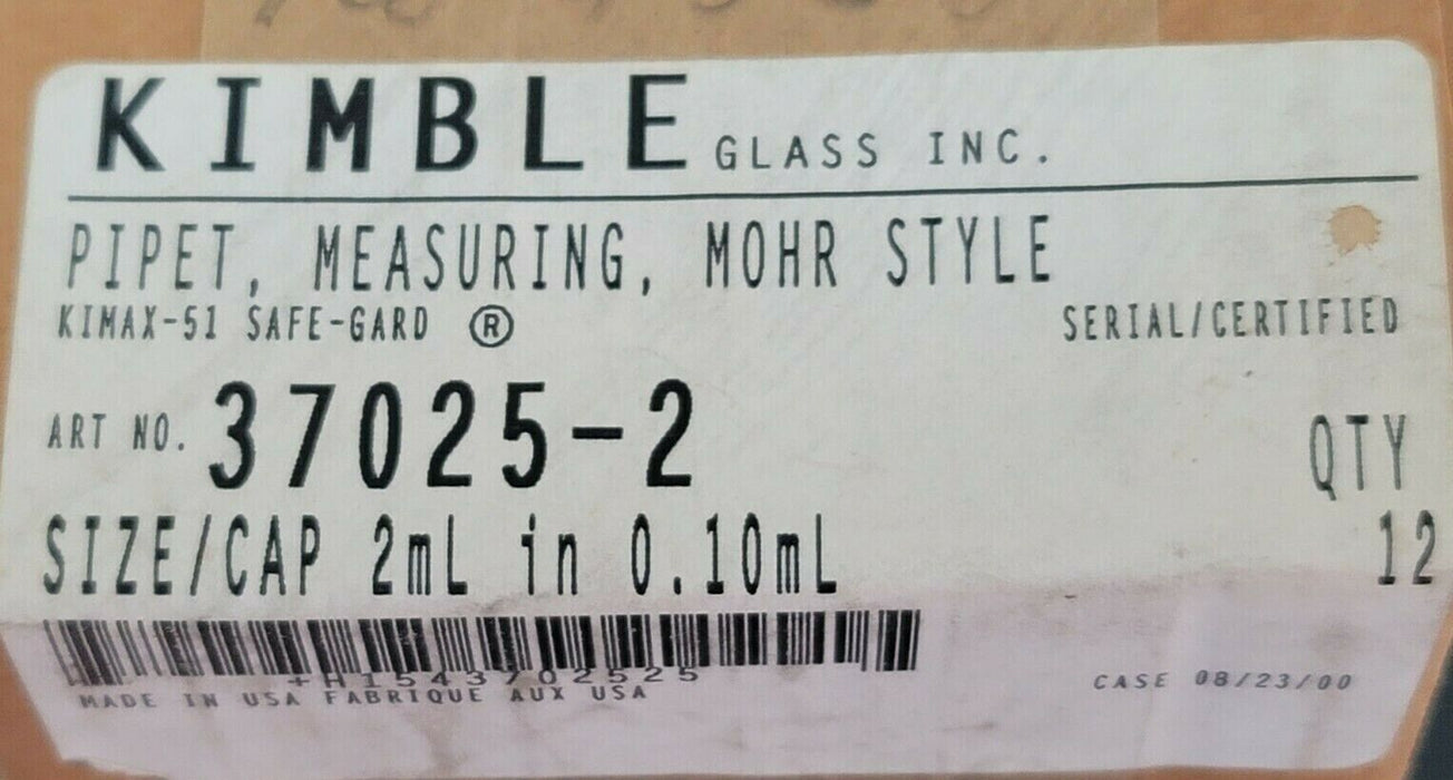 BOX OF 12 SEALED KIMBLE GLASS INC. 37025-2 PIPET, MEASURING, MOHR STYLE 2mL IN 0