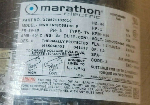 NEW MARATHON ELECTRIC X706711 MOTOR 3PH 1-3/4HP 850/725RPM TRANE