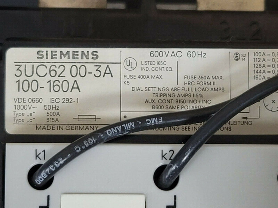 NEW SIEMENS 3UC6200-3A OVERLOAD RELAY 100-160AMP 600VAC 60HZ, 3UC62 00-3A