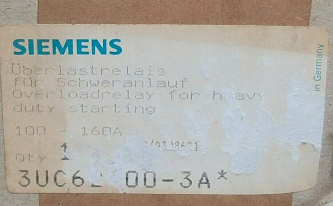 NEW SIEMENS 3UC6200-3A OVERLOAD RELAY 100-160AMP 600VAC 60HZ, 3UC62 00-3A