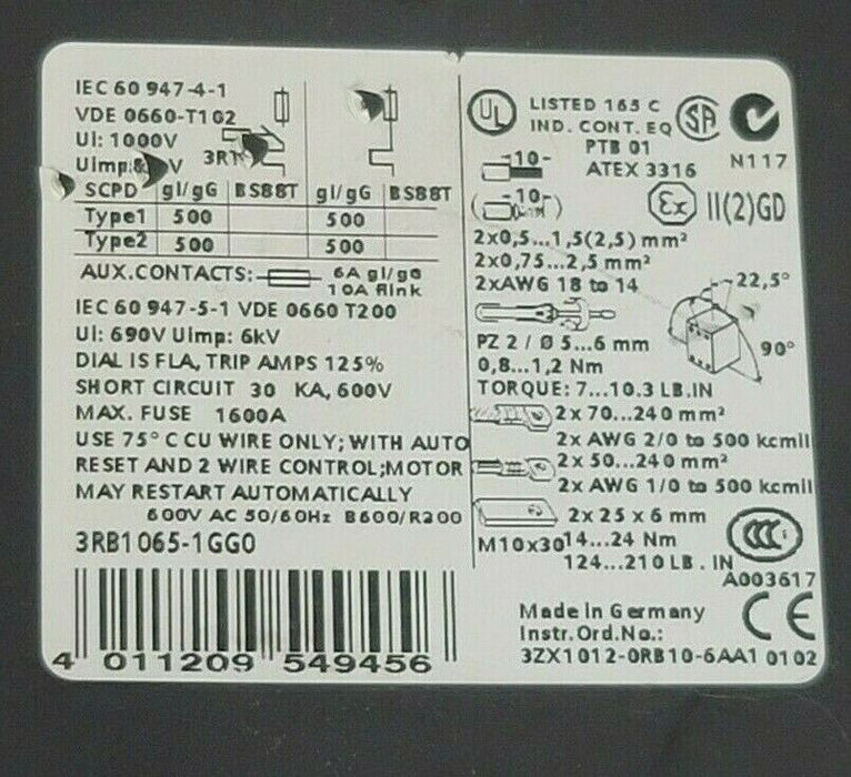 SIEMENS 3RB1065-1GG0 SOLID STATE OVERLOAD RELAY 3RB10651GG0