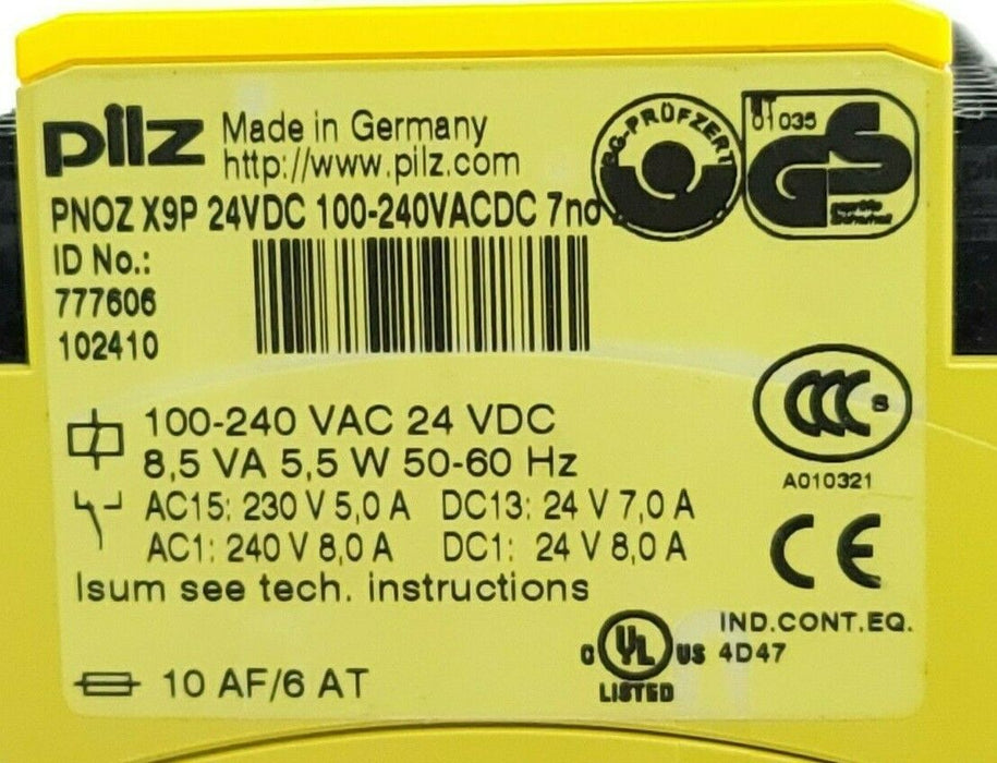 PILZ PNOZ-X9P-24VDC-100-240VACDC-7NO SAFETY RELAY ID NO. 777606