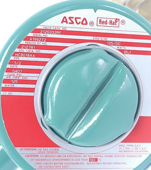 NEW ASCO 2126332RF SOLENOID VALVE 35.1 WATTS 1/2'' PIPE