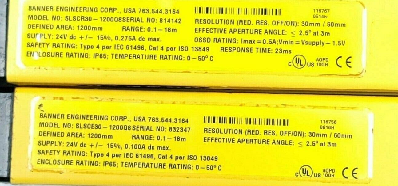 BANNER SLSCE30-1200Q8 & SLSCR30-1200Q8 EZ-SCREEN LIGHT CURTAIN SET