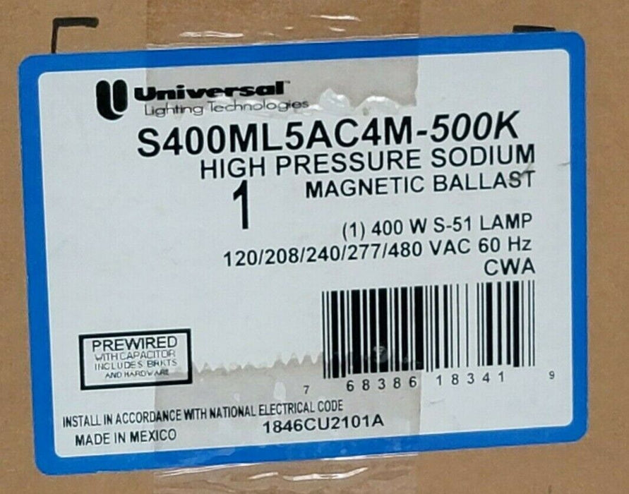 NIB UNIVERSAL S400ML5AC4M-500K HIGH PRESSURE SODIUM MAGNETIC BALLAST
