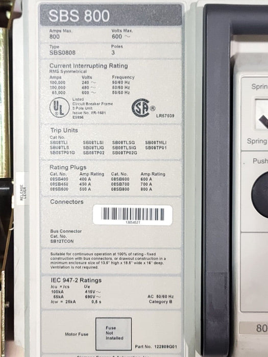 SIEMENS SBS0808 DRAWOUT CIRCUIT BREAKER SBS 800 W/ TRIP UNIT AND PLUG 800A 600V