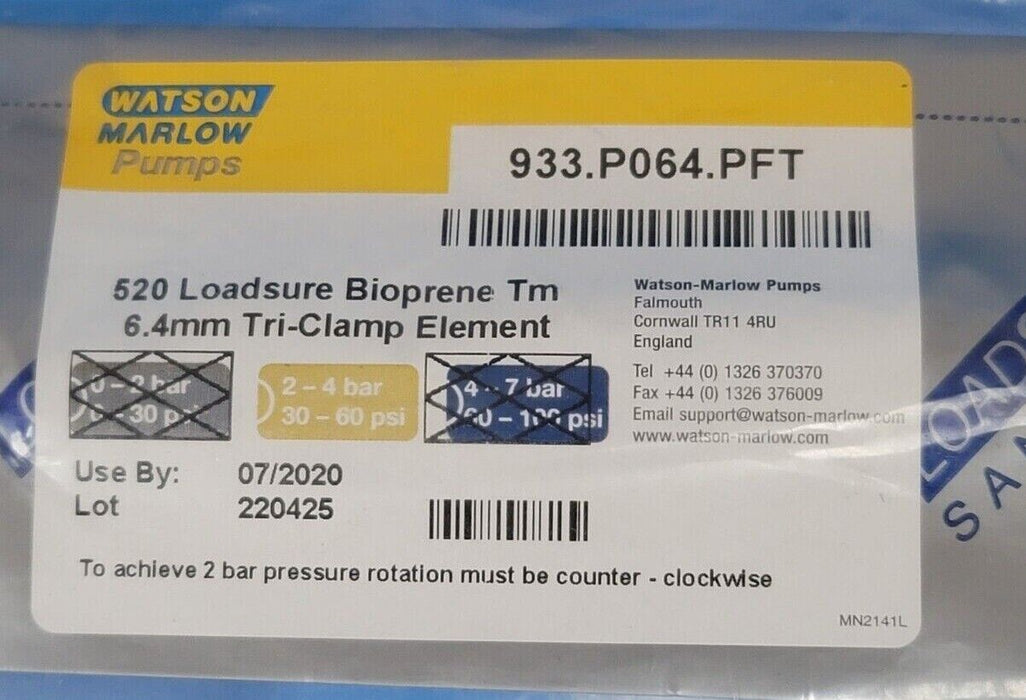 NEW WATSON MARLOW PUMPS 933.P064.PFT 520 LOADSURE BIOPRENE TM 6.4MM TRI-CLAMP