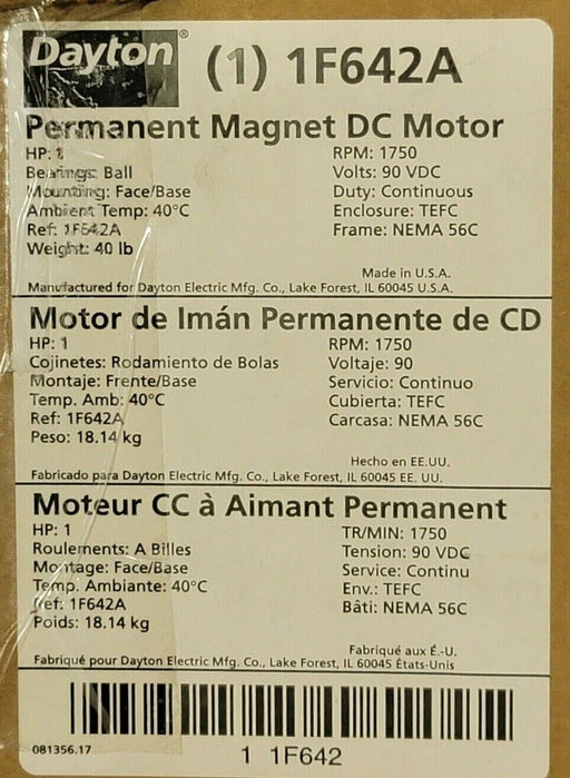 NEW DAYTON 1F642A 1HP PERMANENT MAGNET DC MOTOR 1750RPM FRAME: NEMA 56C TEFC