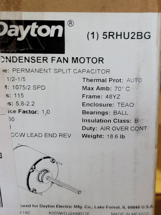 NEW DAYTON 5RHU2BG 1/2HP PERMANENT SPLIT CAPACITOR CONDENSER FAN MOTOR 60HZ 48YZ