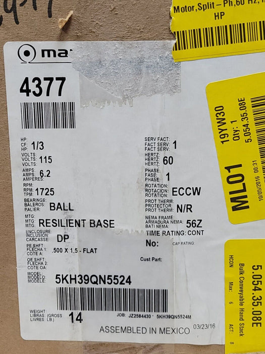 NIB MARATHON 5KH39QN5524 MOTOR HP: 1/3 RPM: 1725 PHASE: 1