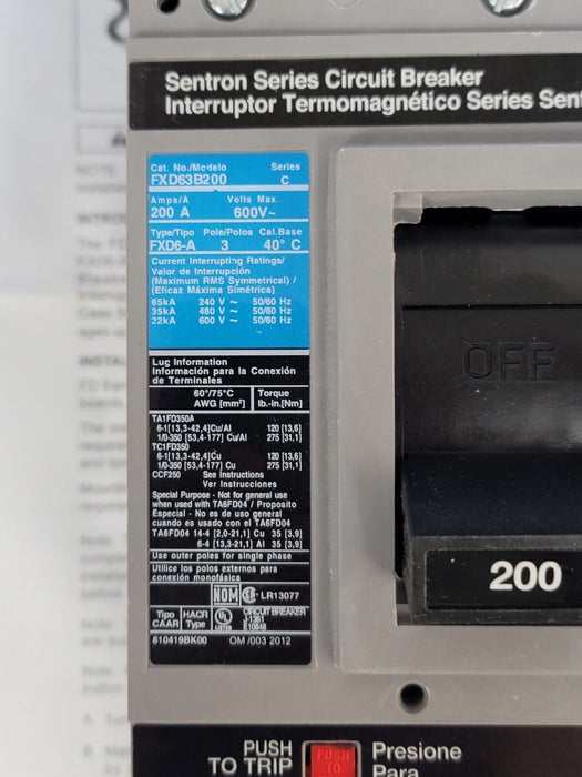 NIB SIEMENS FXD63B200L SENTRON MOLDED CASE CIRCUIT BREAKER 3P 200A 600V