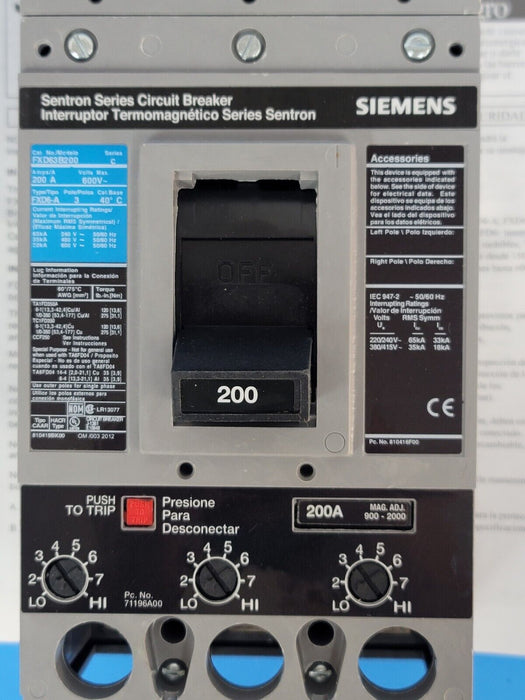 NIB SIEMENS FXD63B200L SENTRON MOLDED CASE CIRCUIT BREAKER 3P 200A 600V