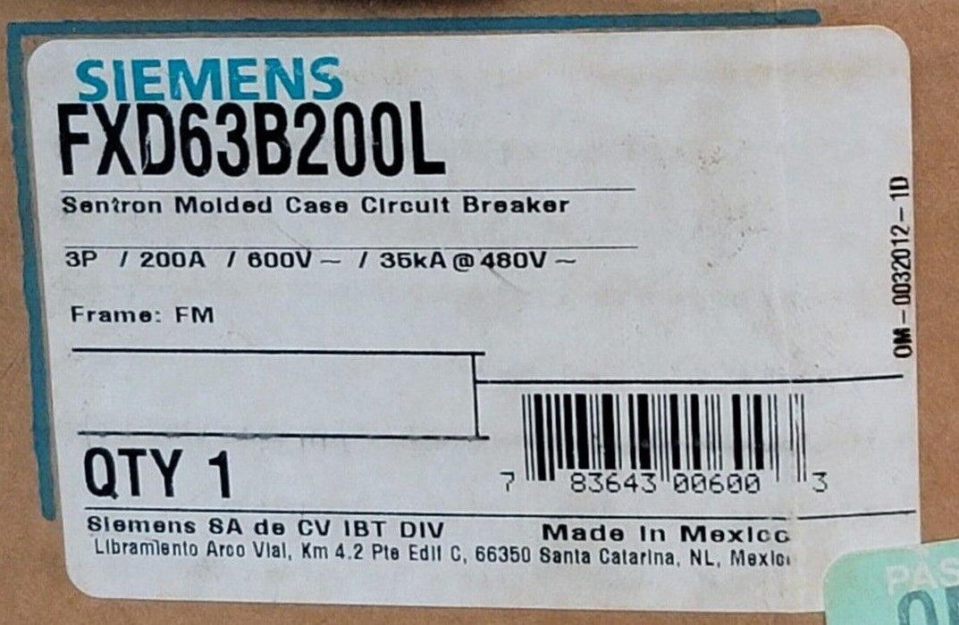NIB SIEMENS FXD63B200L SENTRON MOLDED CASE CIRCUIT BREAKER 3P 200A 600V