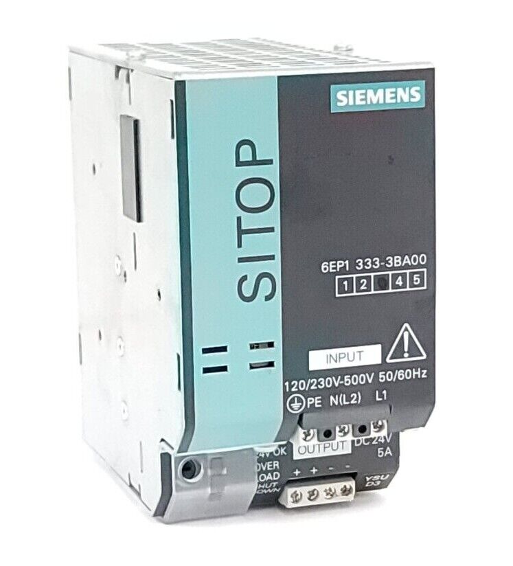 SIEMENS 6EP1333-3BA00 POWER SUPPLY 120 / 230-500 VAC INPUT 5 AMP 24 VDC