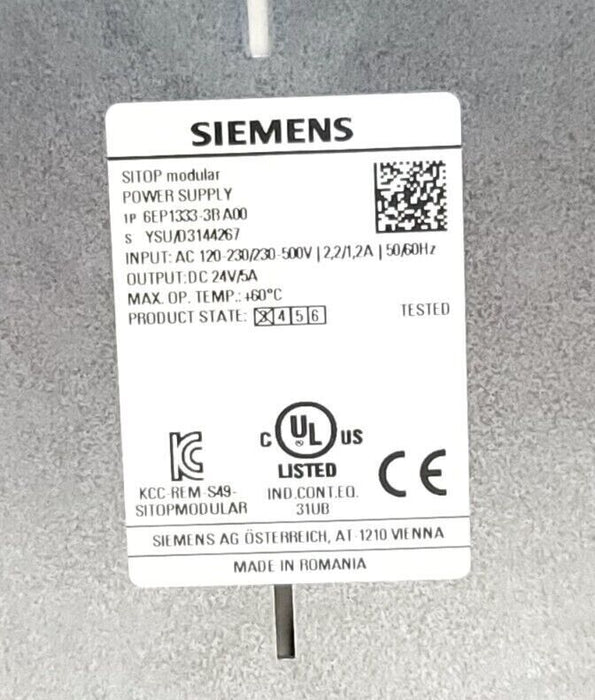 SIEMENS 6EP1333-3BA00 POWER SUPPLY 120 / 230-500 VAC INPUT 5 AMP 24 VDC