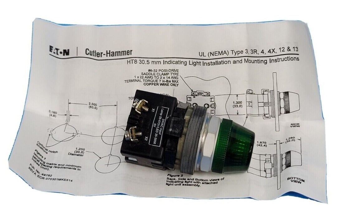 NIB EATON CUTLER-HAMMER HT8HBGT3 PILOT LIGHT 24V XFR GRN
