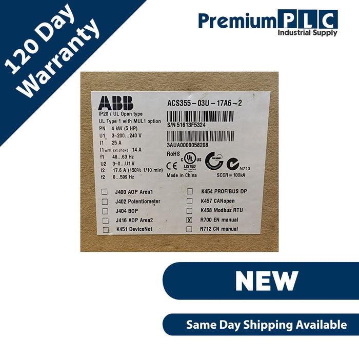 NEW ABB ACS355-03U-17A6-2+J400 AC DRIVE 5HP 3-PHASE ACS355-03U-17A6-2