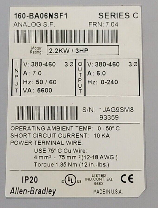 ALLEN BRADLEY 160-BA06NSF1 /C SSC ANALOG DRIVE 2.2kW/3HP FRN: 7.04 160BA06NSF1