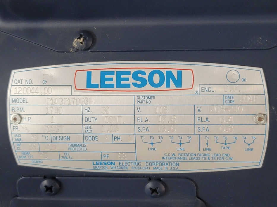 NEW LEESON 120044.00 AIR COMPRESSOR MOTOR 1HP 60Hz C143C17DB3H 12004400