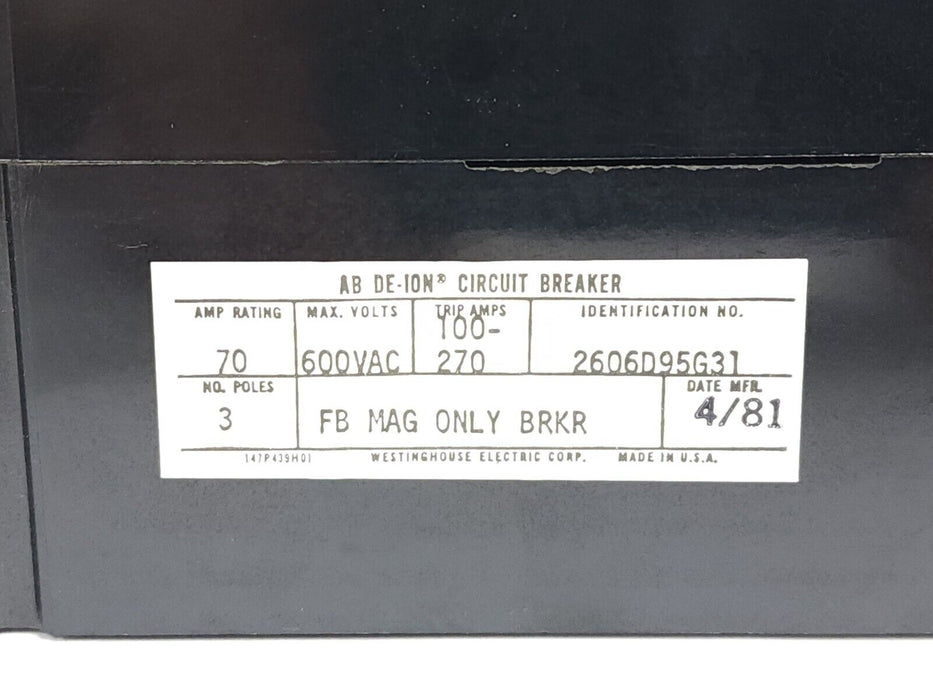 NEW WESTINGHOUSE 2606D95G31 CIRCUIT BREAKER 3P 70A 600VAC FB BKR MAG ONLY