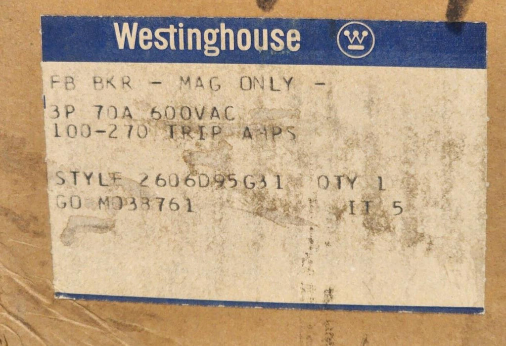 NEW WESTINGHOUSE 2606D95G31 CIRCUIT BREAKER 3P 70A 600VAC FB BKR MAG ONLY
