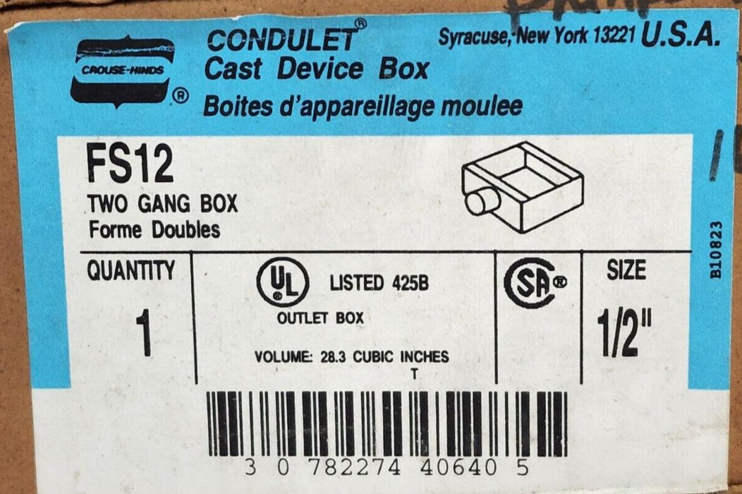 LOT OF 2 NIB CROUSE HINDS FS12 TWO GANG BOXES SIZE: 1/2''
