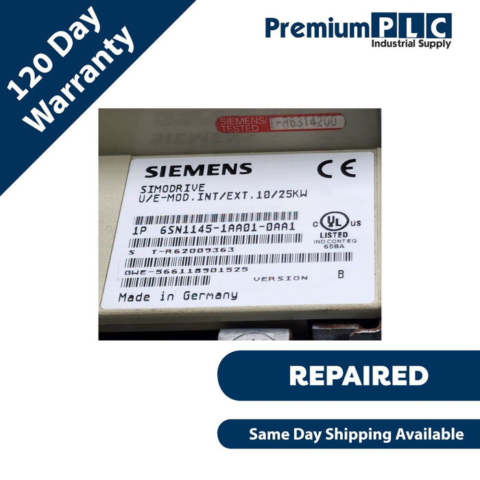 REPAIRED SIEMENS 6SN1145-1AA01-0AA1 VER. B SIMODRIVE 611 INFEED MODULE 10/25KW